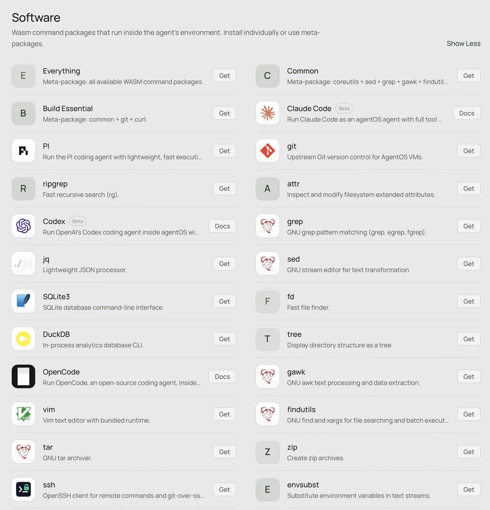 The agentOS software registry listing WASM command packages including Claude Code, Codex, OpenCode, Pi, git, ripgrep, SQLite3, DuckDB, vim, and the GNU coreutils